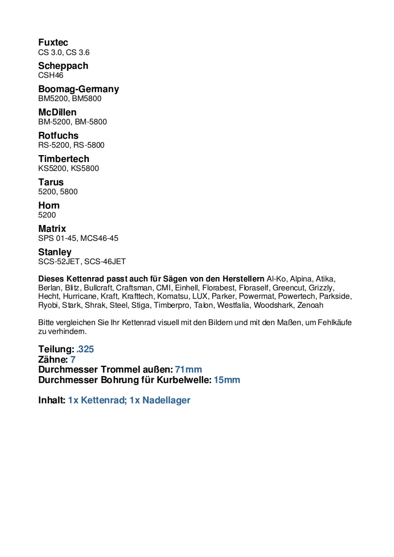 Kettenrad .325 Fuxtec CS3.0 CS3.6 Scheppach Timbertech KS5200 5800 Matrix Stanley Rotfuchs