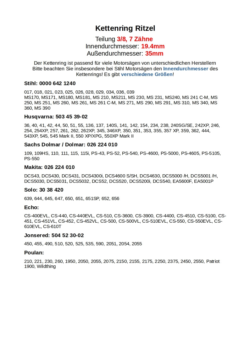 Kettenring Ritzel 3/8 7Z für Stihl Husqvarna Dolmar Echo Solo Makita Jonsered Poulan