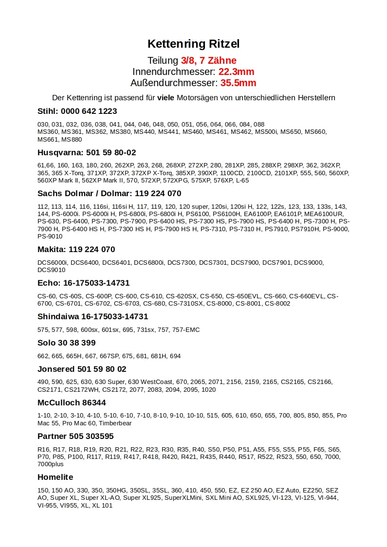 Kettenring Ritzel 3/8 7Z Stihl Husqvarna Dolmar Makita Solo Jonsered Partner Homelite