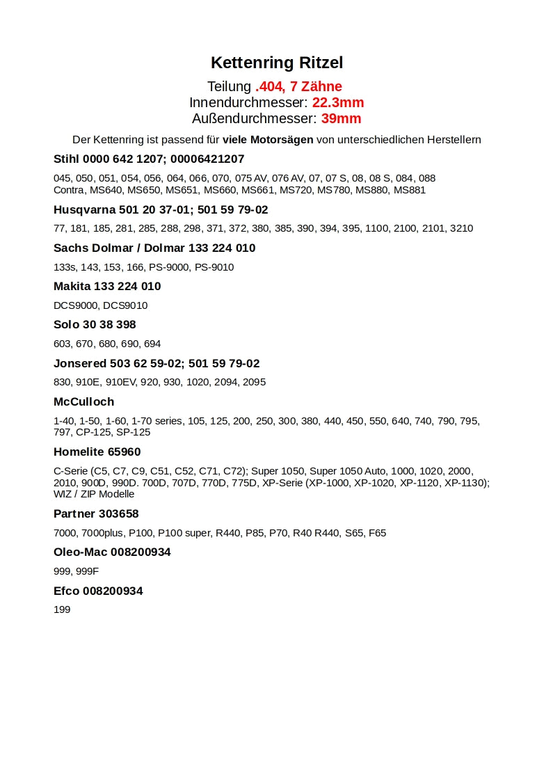 Kettenring Ritzel .404 Stihl Husqvarna Dolmar Solo Jonsered McCulloch Homelite Partner