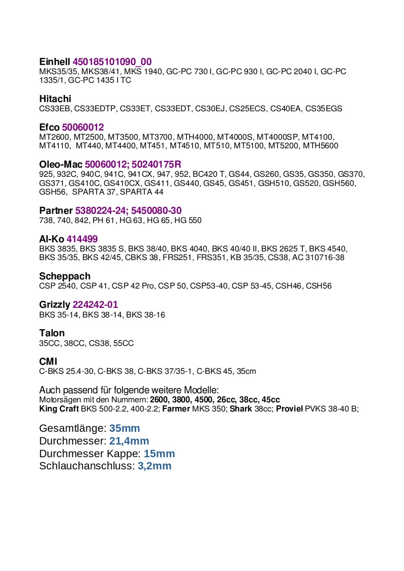 Primer Benzinpumpe Stihl Husqvarna Solo Dolmar Echo McCulloch Einhell Efco Oleo-Mac Al-Ko Fuxtec