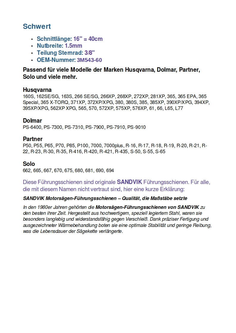 Barra guida lama 40 cm 3/8" 60TG per Husqvarna Dolmar Partner Solo