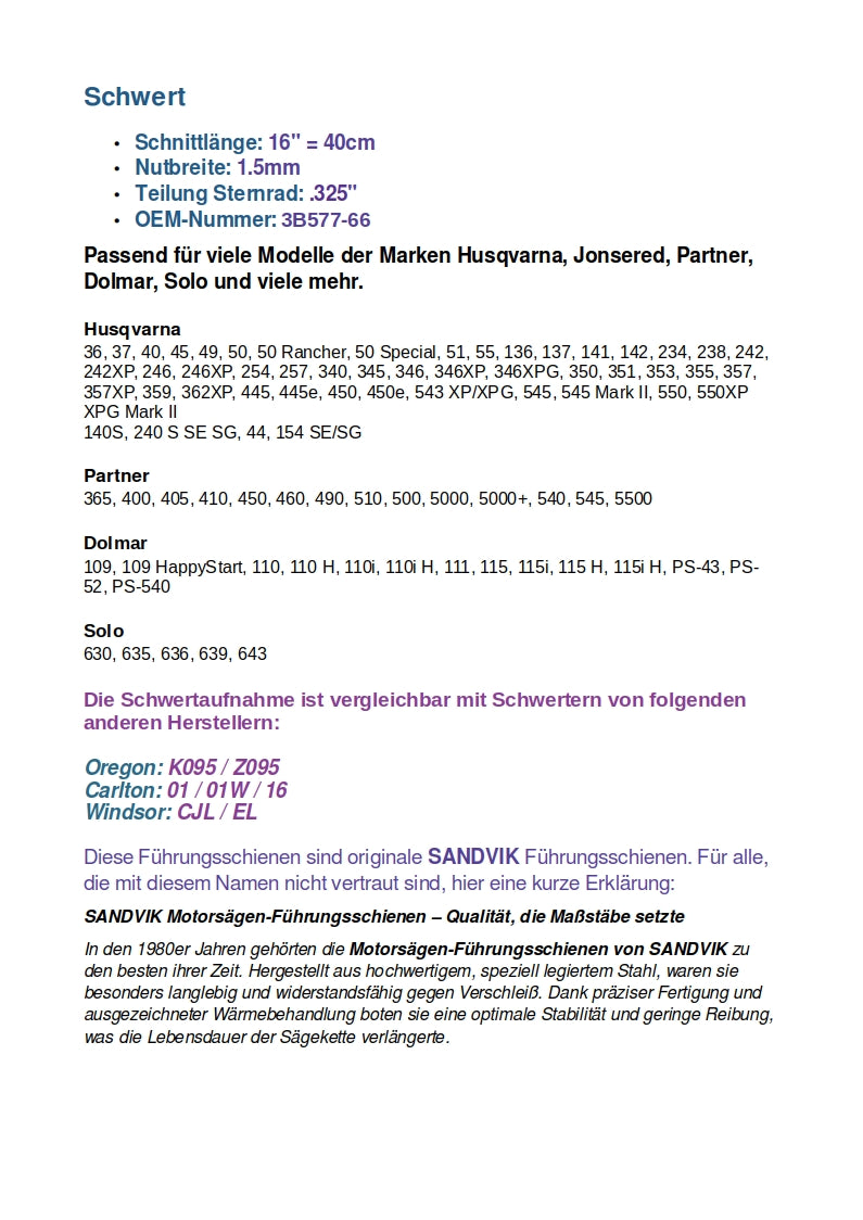 Schwert Führungsschiene 40cm .325" 66TG für Husqvarna Dolmar Partner Solo Jonsered