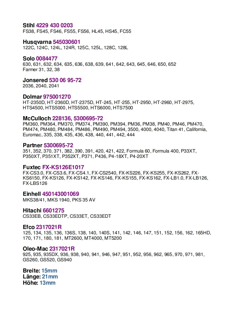 Schalter Stihl 42294300203 Husqvarna 545030601 Solo 0084477 McCulloch Partner 5300695-72 Fuxtec