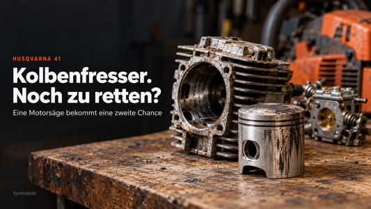 Symbolbild zur Husqvarna-41-Reparatur: Kolben mit Fressspuren, Zylinder und Vergaser auf einer Werkbank