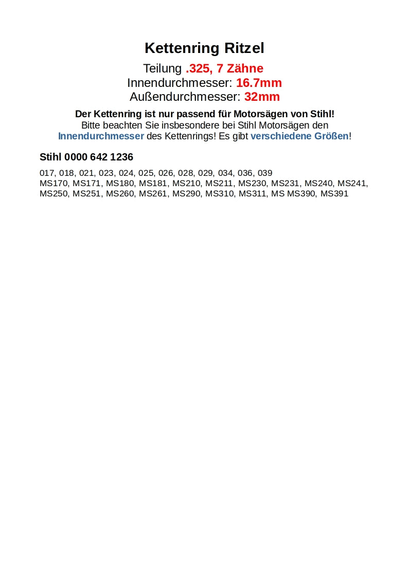 Kettenring Ritzel .325 7Z Stihl 017 018 021 023 024 025 026 028 MS170 MS180 MS240 MS241 MS260 MS261