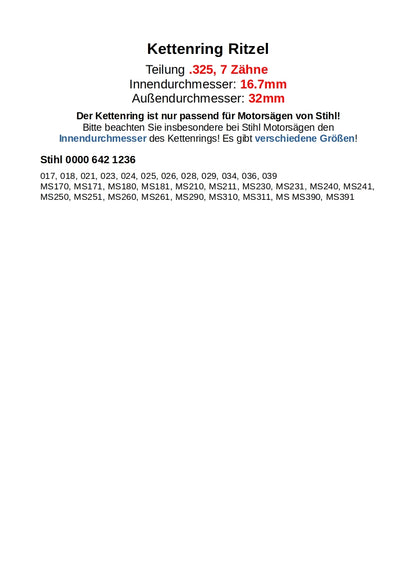 Kettenring Ritzel .325 7Z Stihl 017 018 021 023 024 025 026 028 MS170 MS180 MS240 MS241 MS260 MS261
