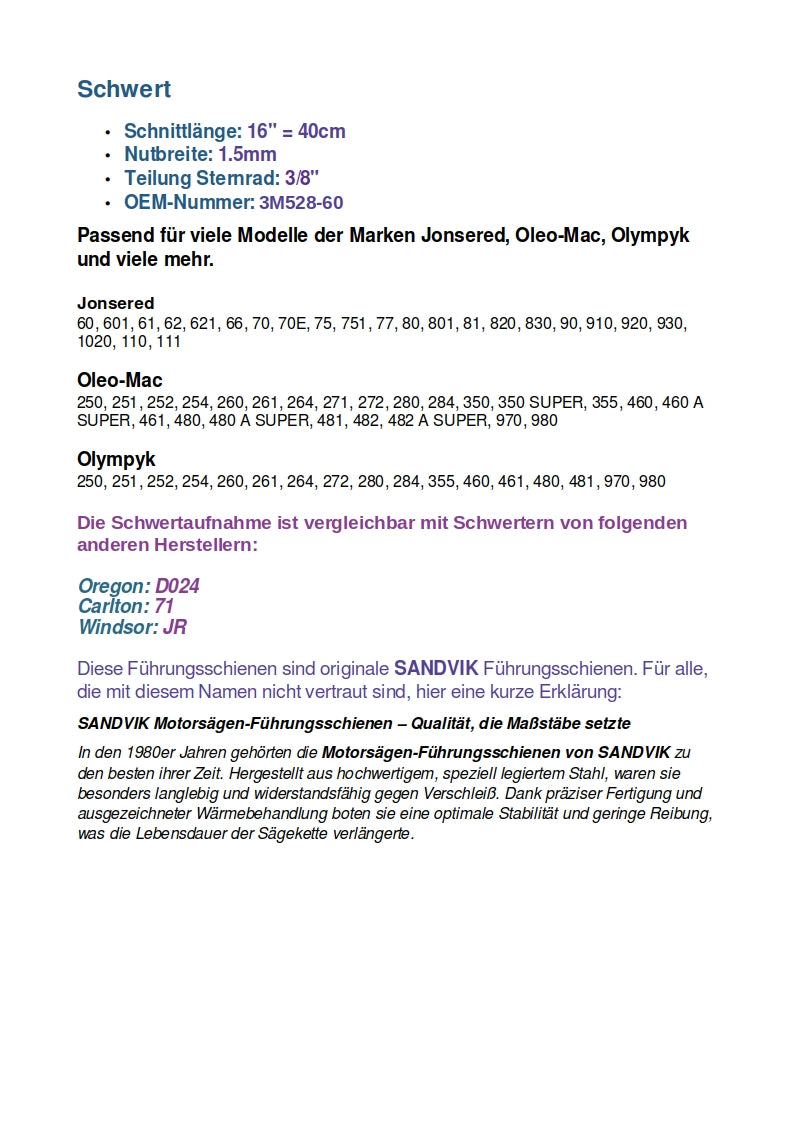 Schwert Führungsschiene 40cm 3/8" 60TG für Jonsered Oleo-Mac Olympyk