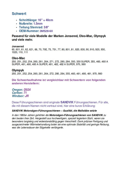 Schwert Führungsschiene 40cm 3/8" 60TG für Jonsered Oleo-Mac Olympyk